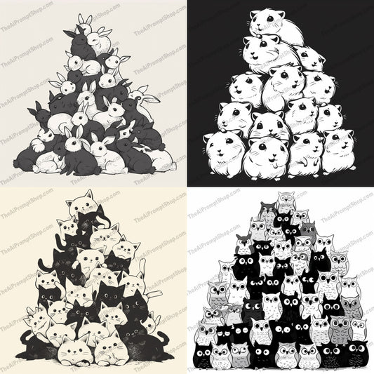Cute Animal Pyramids AI MidJourney Image Prompt, 8929 Animals, midjourney, animals, pyramids, rabbits, guinea pigs, cats, owls, illustration, whimsical, cute, adorable, monochromatic, black and white, stacked animals, playful, charming, character art, artwork, cute animals, animal illustration, pyramid composition, Midjourney, Ai, Ai Image Prompt, Image Prompt, Prompt