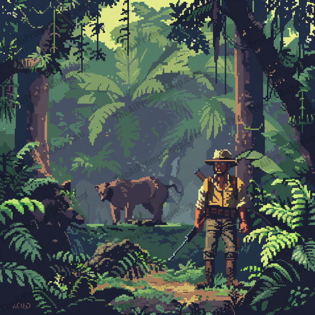 Explorer's Journey Pixel Art AI MidJourney Image Prompt, 82288-bit art, adventure, adventurous settings, ancient ruins, artisticmidjourney, astronaut, detailed pixels, explorer, icy mountain, jungle, nostalgic journey, pixel art, retro, space, unique, vibrant colors, video game art, vintage style, wildlife