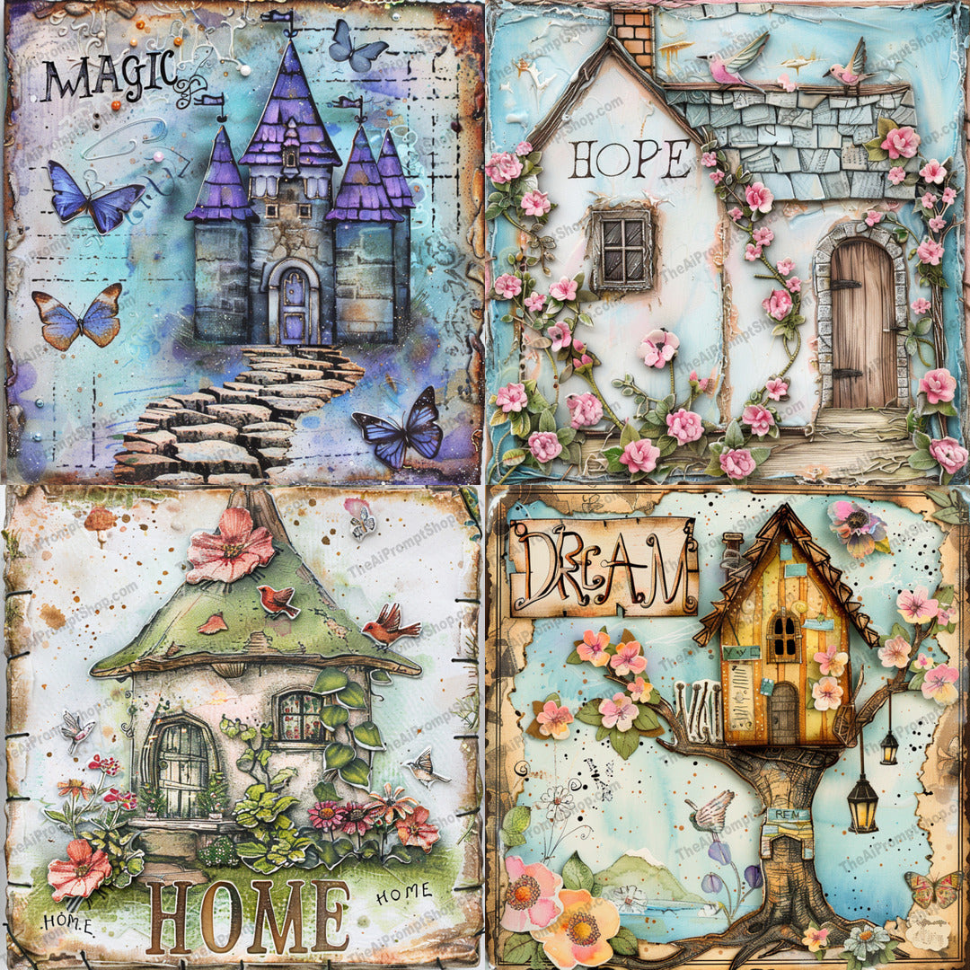 Whimsical fairy tale houses illustration in a storybook style created from an AI image prompt.