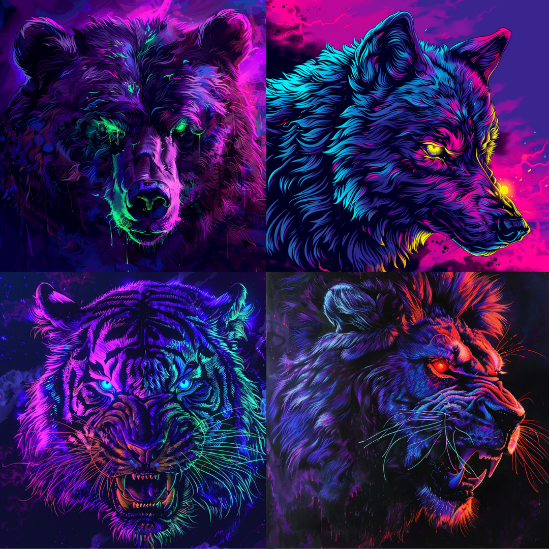AI MidJourney Image Prompt, Neon Wilderness, 4861Abstract nature, chat gpt, chat gpt prompts, chatgpt, chatgpt prompts, Color splash, Digital neon portraits, Electric color palette, Ethereal creatures, Feral splendor, Fluorescent artistry, Glowing wilderness, Luminous beasts, midjourney, Neon animal art, Neon jungle, Psychedelic fauna, Radiant fur, Scary, Surreal predators, Vibrant wildlife, Wild energy