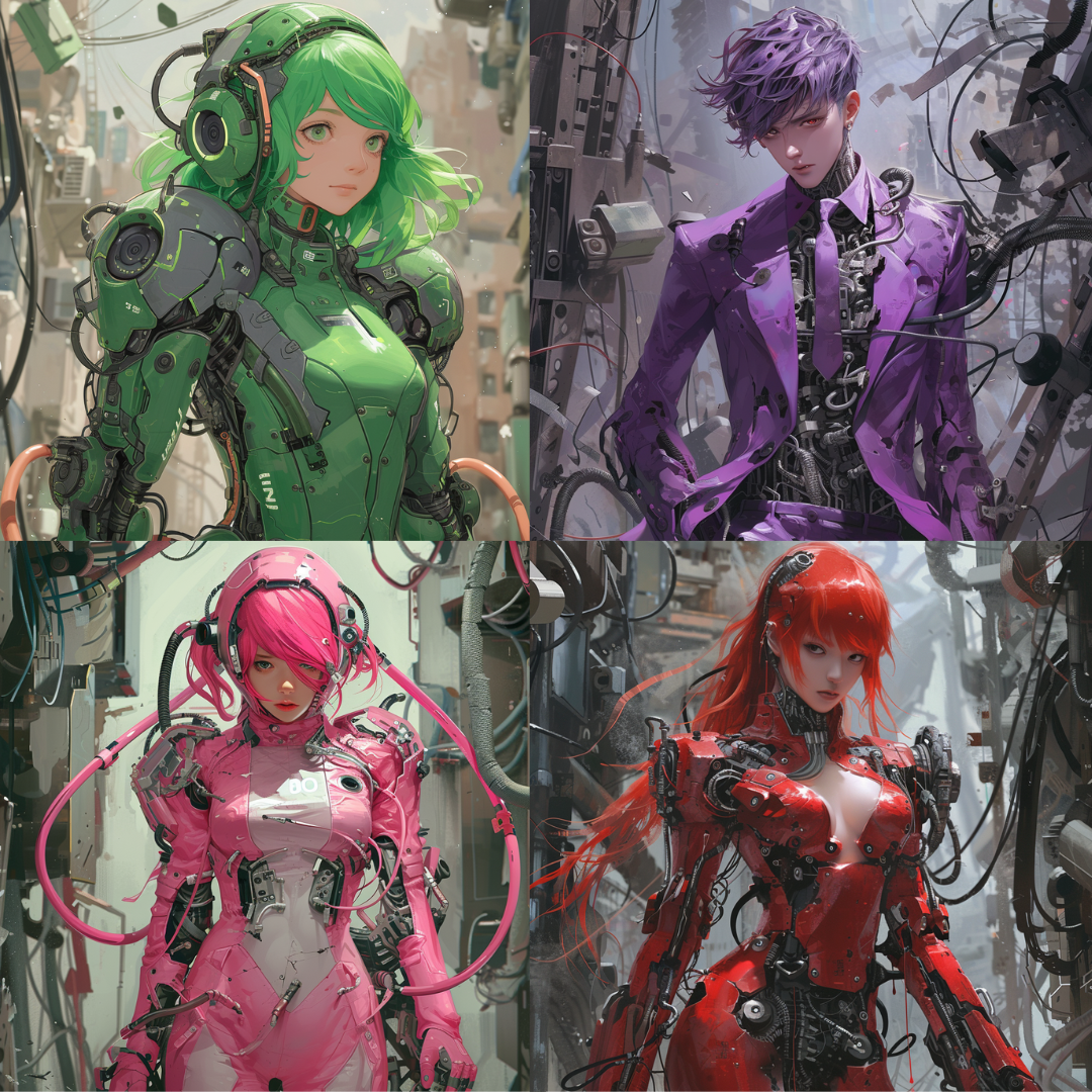 Cybernetic Synthesis AI MidJourney Image Prompt, Character Art, 4236Advanced technology, Android characters, chat gpt, chat gpt prompts, chatgpt, chatgpt prompts, Concept art, Cybernetic organisms, Cybernetics, Cyberpunk, Digital warriors, Futurism, Futuristic fashion, High-tech armor, Mechanical design, Mechanized suits, midjourney, Neon aesthetics, Neon glow, Robotic cyberware, Robotic enhancement, Sci-fi chic, Sci-fi illustrations, Synthetic beauty, Urban future