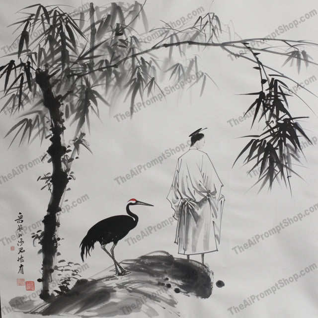 Elegant Zen Ink Art AI MidJourney Image Prompt, 8917 Isometrics & Icons, midjourney, zen, ink art, minimalist, solitary figure, serene landscapes, calmness, introspection, delicate brushwork, subtle contrasts, traditional, asian art, tranquility, peaceful, nature, monochrome, black and white, meditative, walking, bamboo, chinese painting, Midjourney, Ai, Ai Image Prompt, Image Prompt, Prompt