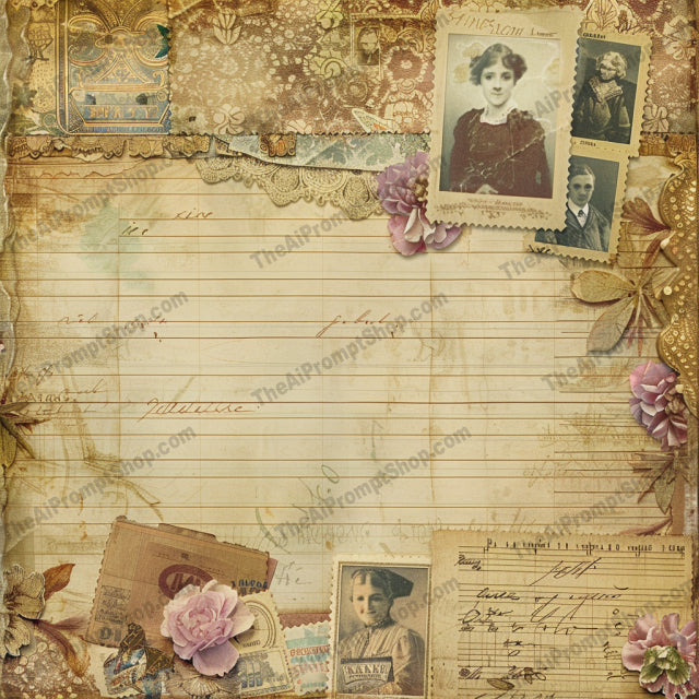 Vintage Scrapbook Journal Page AI MidJourney Image Prompt, 8460Ai, Ai Image Prompt, antique, artistic, classic design, collectibles, decorative, ephemera, floral, handwritten notes, heritage, Image Prompt, journal, maps, memories, midjourney, nostalgic, papercraft, Patterns & Wallpapers, postcards, Prompt, romantic, scrapbook, stationery, timeless, vintage
