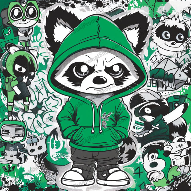 Cool Animals in Hoodies AI MidJourney Image Prompt, 8762 Animals, midjourney, anthropomorphic, animals, hoodies, cool style, graffiti, cartoon, fox, koala, raccoon, tiger, streetwear, urban, fashionable, artistic, vibrant, trendy, colorful, stylized, character design, illustration, Midjourney, Ai, Ai Image Prompt, Image Prompt, Prompt