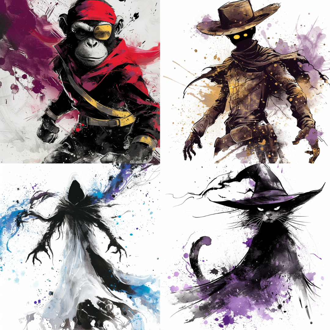 Chaotic canvases , character art in a watercolor style created from an AI image prompt.
