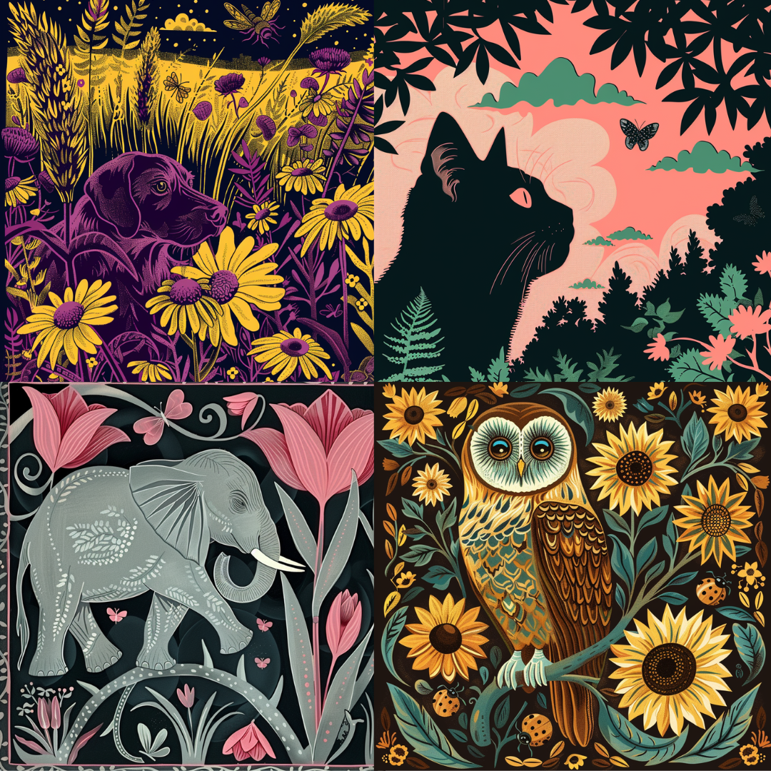 Fauna in florals illustration in a colorful style created from an AI image prompt.