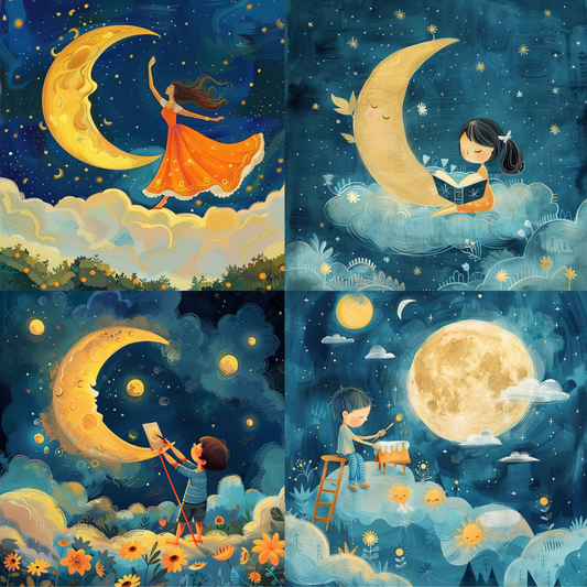 AI MidJourney Image Prompt, Celestial Whispers, 4938Celestial dreams, chat gpt, chat gpt prompts, chatgpt, chatgpt prompts, Dreamers in dusk, Ethereal bedtime, midjourney, Moon and stars, Moonlit dance, Night sky wonders, Nighttime serenity, Peaceful sky gazing, Playful lunar exploration, Starry night storytelling, Storybook Illustrations