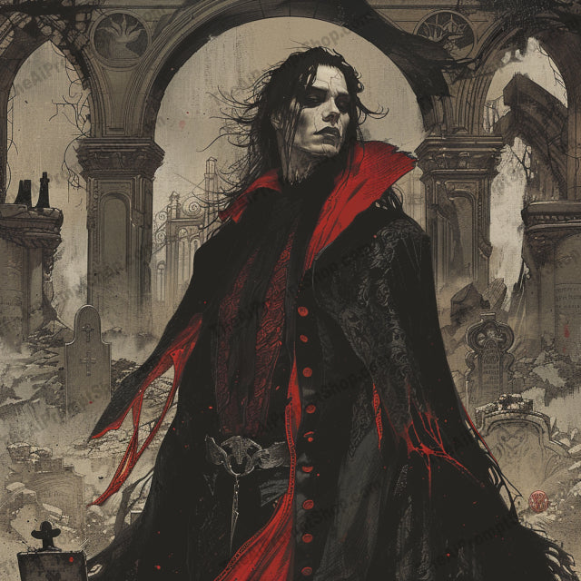 Gothic Phantom Art AI MidJourney Image Prompt, 8241antiquated clothing, cemetery, dark, ethereal, fantasymidjourney, ghostly figure, gothic architecture, gothic art, graveyard, haunted mansion, haunting, morbid, mysterious, phantom, red and black cloak, romanticism, roses, skeletal, skeleton, supernatural, vintage