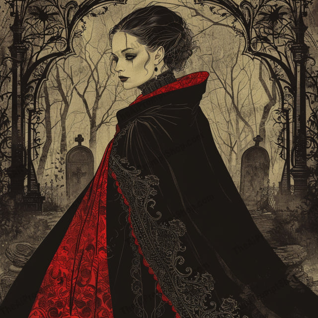 Gothic Phantom Art AI MidJourney Image Prompt, 8241antiquated clothing, cemetery, dark, ethereal, fantasymidjourney, ghostly figure, gothic architecture, gothic art, graveyard, haunted mansion, haunting, morbid, mysterious, phantom, red and black cloak, romanticism, roses, skeletal, skeleton, supernatural, vintage