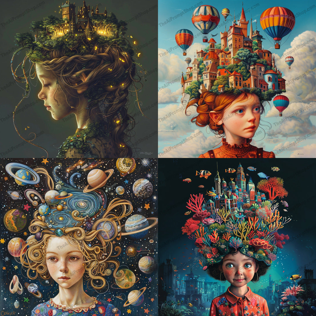 Surreal Fantasy Portrait AI MidJourney Image Prompt, 8805 Animals, midjourney, surreal, fantasy, portrait, imaginative, dream-like, whimsical, artistic, creative, glowing lights, towns, balloons, celestial bodies, underwater, vibrant, hairstyle, enchanted, magical, detailed, illustration, ethereal, Midjourney, Ai, Ai Image Prompt, Image Prompt, Prompt