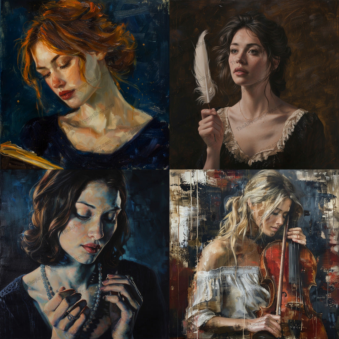 Classic Portrait AI MidJourney Image Prompt, 8988 Portraits & People, midjourney, classic, portrait, painting, elegant, timeless, detailed, beautiful, art, light, shadow, texture, traditional, fine art, oil painting, masterpiece, vintage, realistic, historical, delicate, charming, Midjourney, Ai, Ai Image Prompt, Image Prompt, Prompt