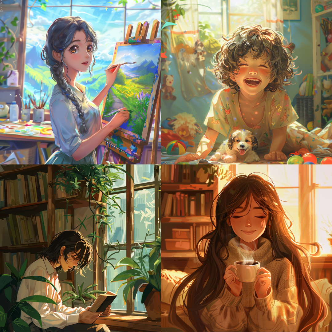 Serene and joyful everyday moments illustration created from an AI image prompt.