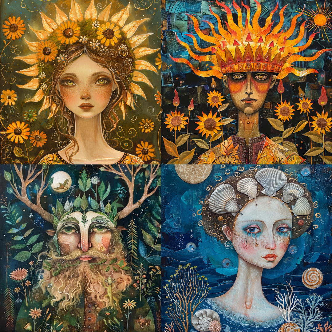 Elements of Nature AI MidJourney Image Prompt, 8009air, artistic, earth, elements, fantasy, fire, folk art, folklore, imaginative, intricate, midjourney, mystical, nature, nature spirits, portrait, surreal, symbolic, water, whimsical