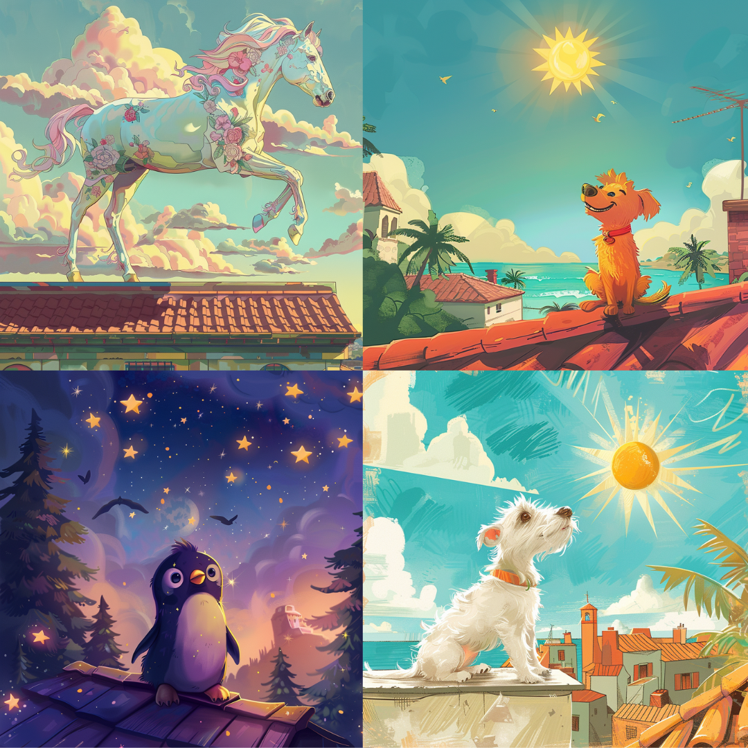 AI MidJourney Image Prompt, Sunrise to Starlight, 4939Celestial steeds, chat gpt, chat gpt prompts, chatgpt, chatgpt prompts, Dawn's early light, Daybreak delights, Fantasy reality blend, midjourney, Nocturnal musings, Sky-high pets, Solar reflections, Starlit dreams, Storybook Illustrations, Sunny rooftop reverie, Twilight whimsy