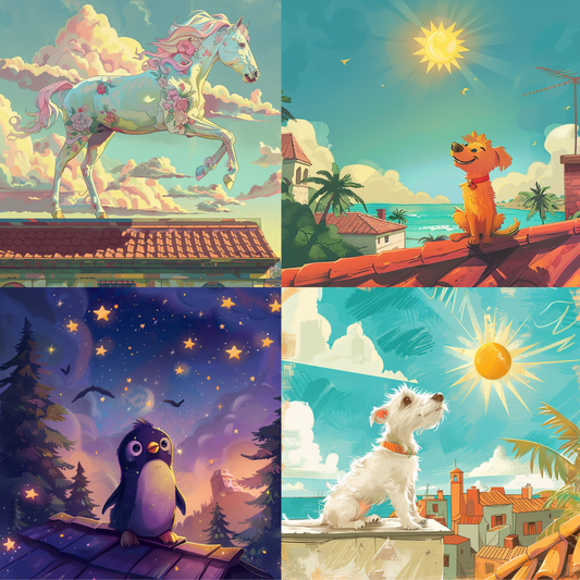 AI MidJourney Image Prompt, Sunrise to Starlight, 4939Celestial steeds, chat gpt, chat gpt prompts, chatgpt, chatgpt prompts, Dawn's early light, Daybreak delights, Fantasy reality blend, midjourney, Nocturnal musings, Sky-high pets, Solar reflections, Starlit dreams, Storybook Illustrations, Sunny rooftop reverie, Twilight whimsy