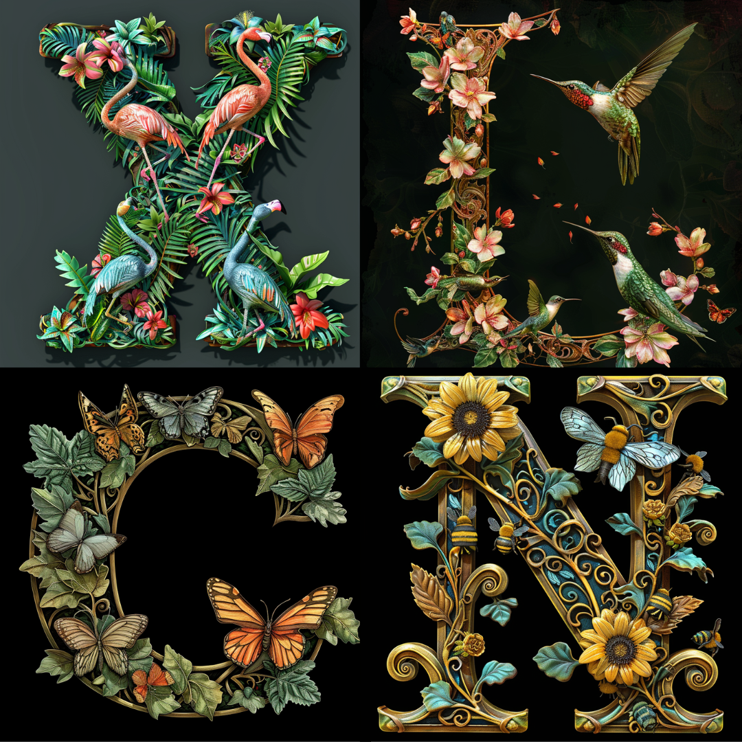 Ornate alphabet series illustration created from an AI image prompt.