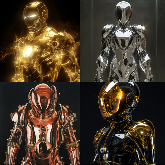 Metallic Sentinels AI MidJourney Image Prompt, Futuristic, 4234Advanced robotics, Advanced technology, Artificial intelligence, Artistic innovation, chat gpt, chat gpt prompts, chatgpt, chatgpt prompts, Concept art, Cybernetic organisms, Cyberpunk inspiration, Digital sculptures, Futuristic armor, Gleaming metal, High-tech art, Mecha aesthetics, Mechanical suits, midjourney, Modern warriors, Polished finish, Reflective materials, Robot design, Sci-fi suits, Shimmering textures, Shiny surfaces