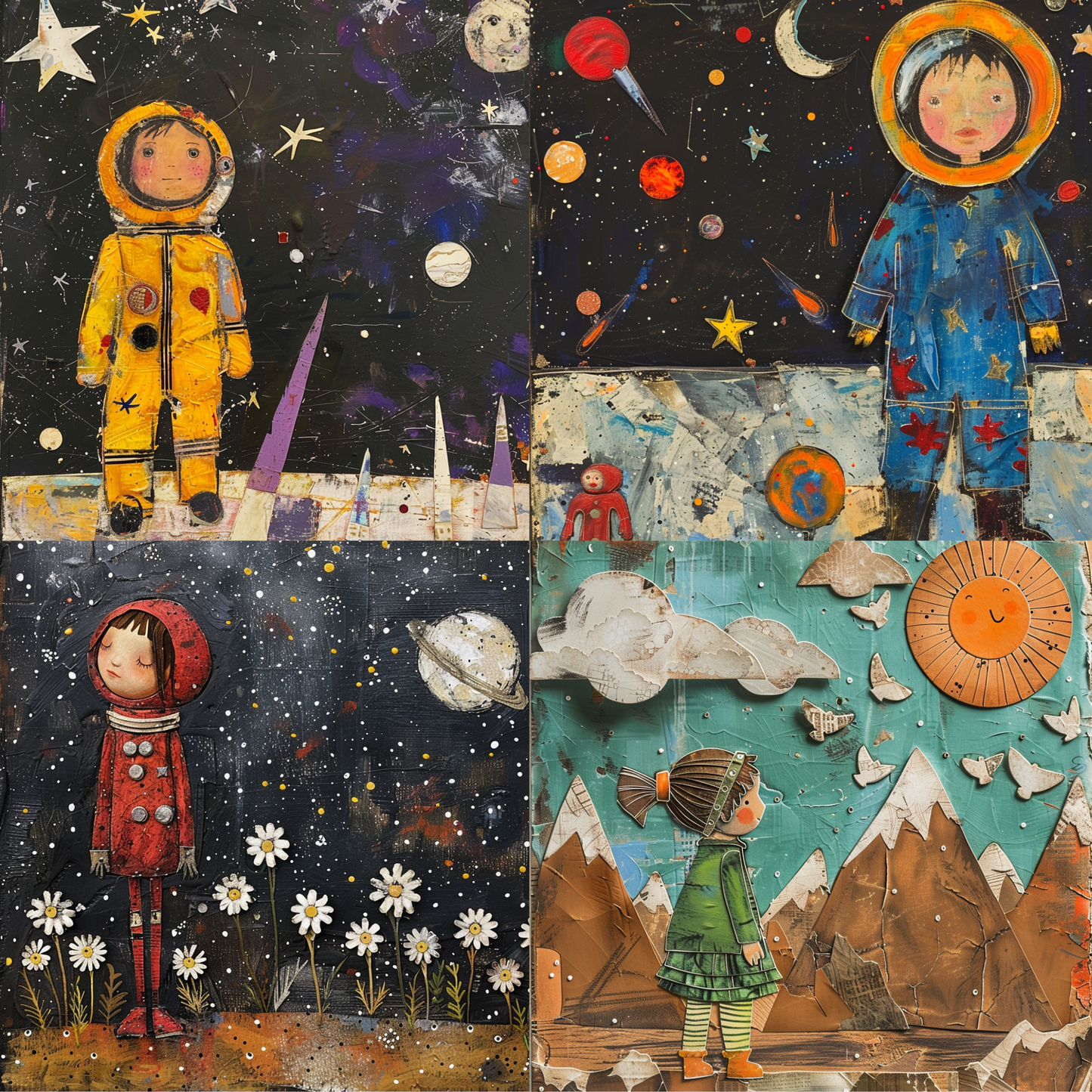 Whimsical Cosmic Adventures AI MidJourney Image Prompt, 8010artistic, childhood dreams, children, cosmic, creative, dreamy, exploration, handmade textures, imagination, midjourney, planets, playful, space, stars, universe, whimsical