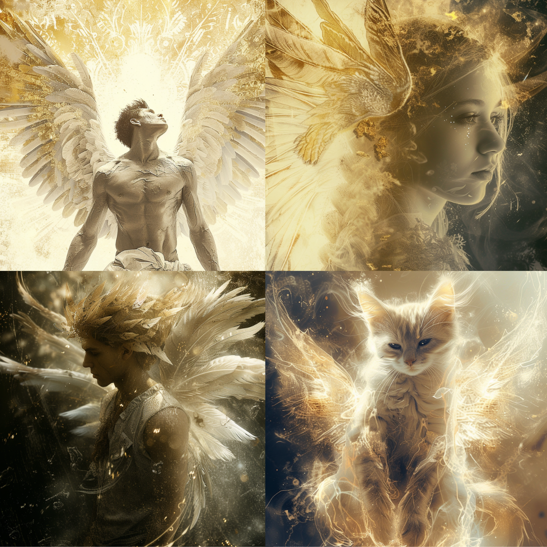 Luminous Beings AI MidJourney Image Prompt, Character Art, 4233Angelic figures, Celestial beings, chat gpt, chat gpt prompts, chatgpt, chatgpt prompts, Digital paintings, Divine light, Elegance, Ethereal art, Fantasy portraits, Glowing effects, Gold palette, Graceful figures, Heavenly art, Intangible beauty, Light and shadow, Magical animals, midjourney, Mystical ambiance, Mythical creatures, Radiant energy, Serenity, Spiritual art, Tranquility in art