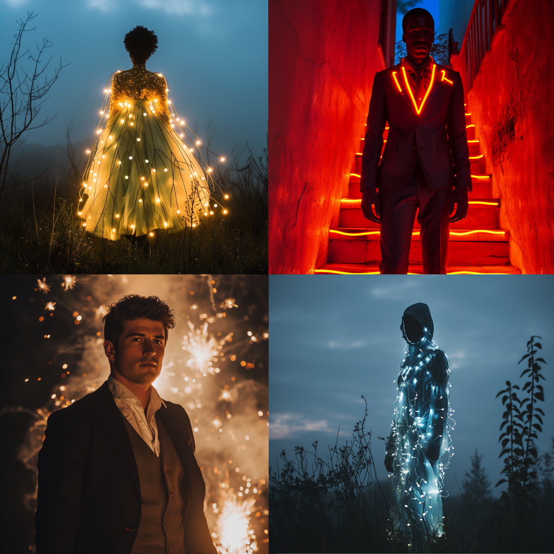 Illuminated Elegance and Mystique AI MidJourney Image Prompt, People, 4185Ambient light photography, Atmospheric glow, chat gpt, chat gpt prompts, chatgpt, chatgpt prompts, Dusk ambiance, Elegant silhouettes, Ethereal fashion, Fashion lighting, Light-infused attire, Luminous elegance, midjourney, Moody portraits, Mysterious night, Neon-lit suits, Night-time allure, Radiant figures, Striking illumination, Twilight sparkle