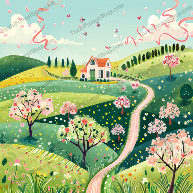 Seasonal Landscape Illustrations AI MidJourney Image Prompt, 9475 Landscapes & Paintings, midjourney, seasonal landscape, whimsical art, painterly style, rolling hills, charming houses, nature illustration, fantasy landscape, picturesque, weather conditions, foliage, countryside, outdoors, seasonal changes, rural scene, fantasy art, vibrant colors, artistic, scenic view, fantastical, serene beauty, Midjourney, Ai, Ai Image Prompt, Image Prompt, Prompt