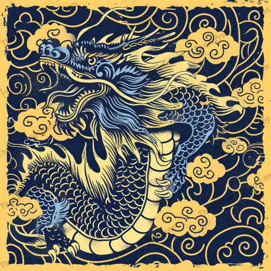 Mythic Dreams AI MidJourney Image Prompt, 8007artistic illustration, blue and gold, celestial, cosmic, dragon, dreamlike, enchanting., ethereal, folklore, goddess, intricate, midjourney, moon, mystical, ornate, phoenix, stars, surreal, symbolic