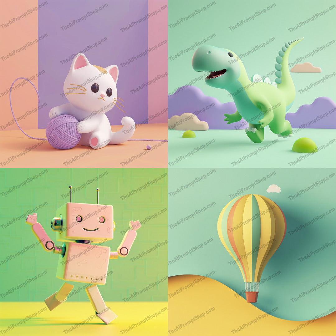 Pastel 3D Characters AI MidJourney Image Prompt, 9324 Character Art, midjourney, 3D illustration, pastel colors, cute, whimsical, cat, yarn, dinosaur, robot, hot air balloon, soft tones, creative, imaginative, delightful, charming, character art, digital art, adorable, playful, joyful, whimsical, fun, pastel theme, Midjourney, Ai, Ai Image Prompt, Image Prompt, Prompt
