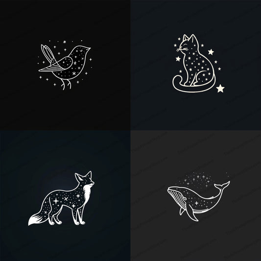Celestial Animal Art AI MidJourney Image Prompt, 9343 Animals, midjourney, celestial, animal, stars, cosmic, mystical, enchanting, design, art, illustration, bird, cat, fox, whale, dark background, night, celestial art, minimalist, line art, elegant, modern, Midjourney, Ai, Ai Image Prompt, Image Prompt, Prompt