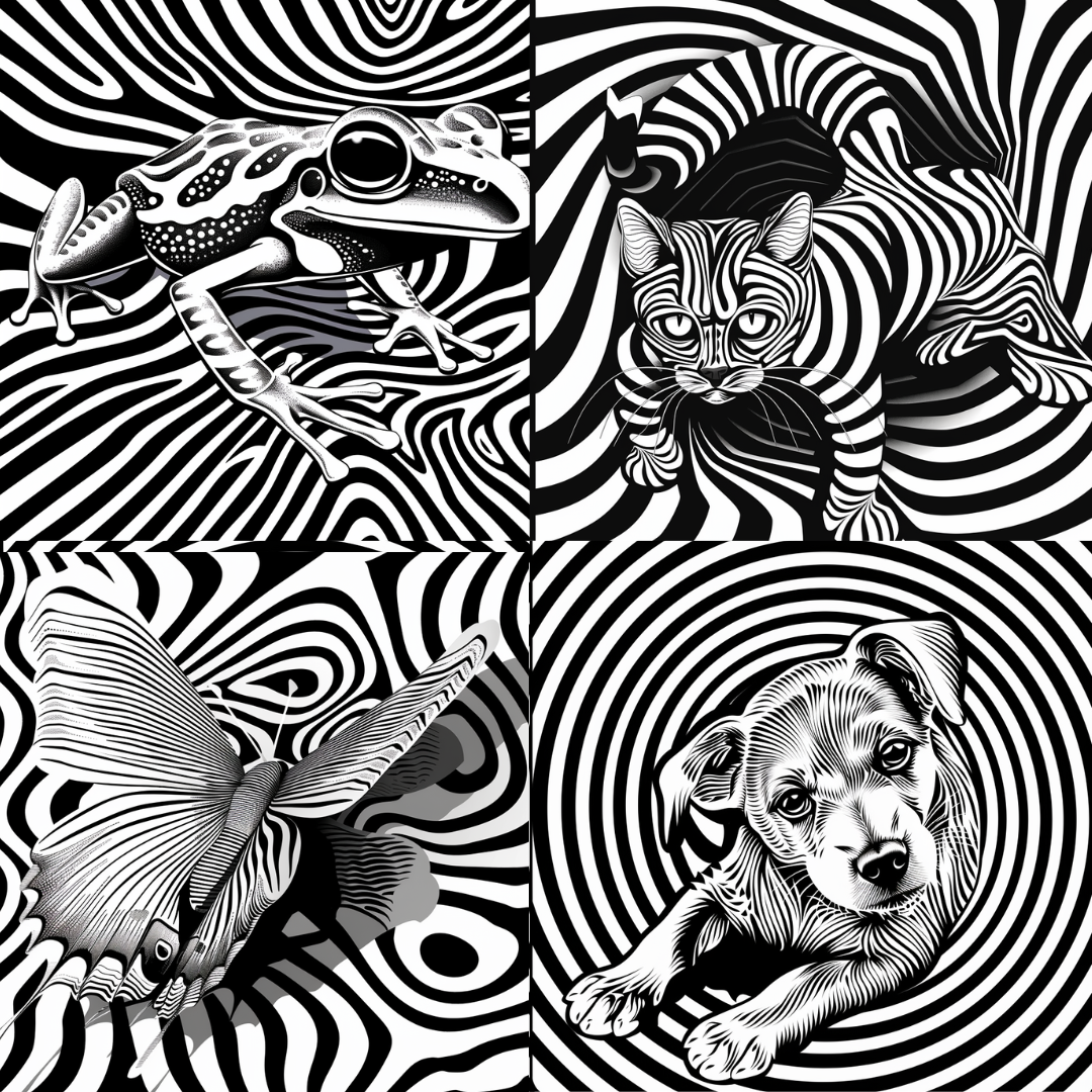 Hypnotic AI MidJourney Image Prompt, 8005abstract, black and white, chameleon, detailed illustration, dynamic, frog, graphic design, hypnotic, intricate, line art, lizards, midjourney, optical illusion, patterns, psychedelic art, reptiles, snake, surreal, trippy, visual art