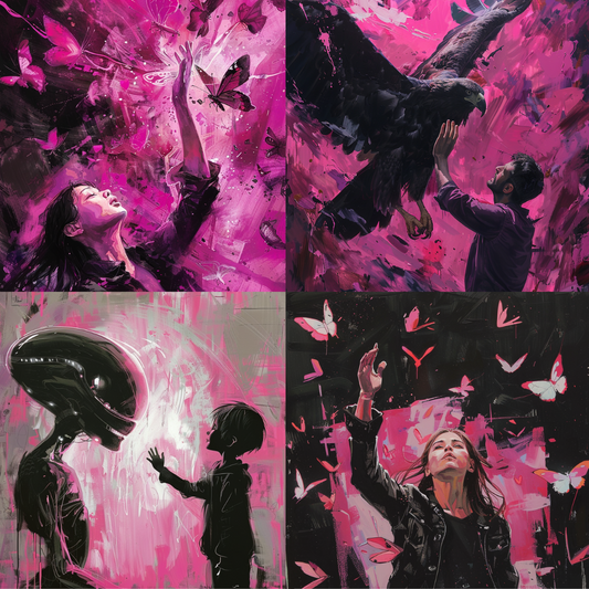 AI MidJourney Image Prompt, Crimson Reverie, 4866Butterflies in flight, chat gpt, chat gpt prompts, chatgpt, chatgpt prompts, Ephemeral moments, Ethereal touch, Flight aspiration, Fuchsia fantasy, Human-animal connection, Magenta hues, Majestic birds, midjourney, Nature's dance, Nature's embrace, Radiant creatures, Scary, Spiritual awakening, Surreal interactions, Surreal wildlife encounters, Vivid dreamscape, Winged freedom