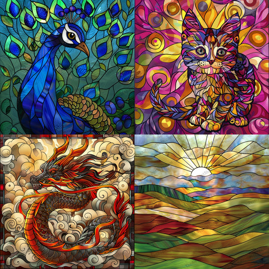 Stained Glass Art AI MidJourney Image Prompt, 9359 Animals, midjourney, stained glass, vibrant colors, intricate patterns, artistic style, elegance, beauty, peacock, cat, dragon, sunset, decor, artwork, handcrafted, detailed, decorative, colorful, mosaic, art deco, classic art, glasswork, traditional art, Midjourney, Ai, Ai Image Prompt, Image Prompt, Prompt