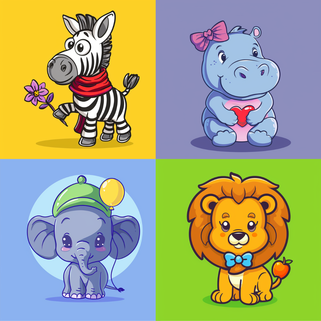 Playful Safari Animal Characters AI MidJourney Image Prompt, 8075adorable animals, AI image prompts, animal cartoons, animal lovers, charming designs, children's art, children's book art, creative AI tools, creative prompts, cute and fun, cute characters, delightful characters, fun and friendly, fun visuals, heartwarming art, joyful illustrations, midjourney, playful branding, playful safari animals, safari animal art, safari cartoon, vibrant animal art