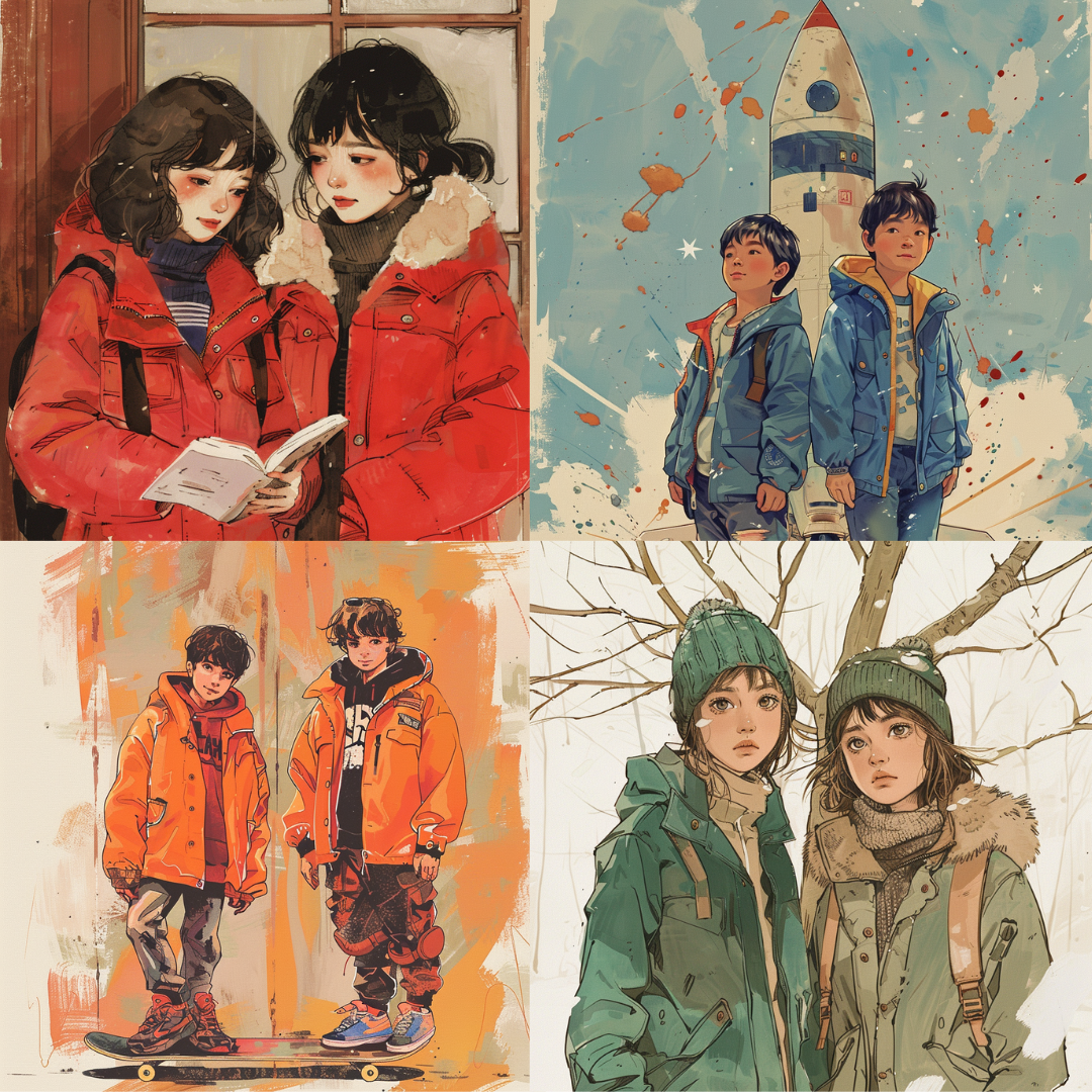 AI MidJourney Image Prompt, Youthful Ambitions, 4942Astral aspirations, chat gpt, chat gpt prompts, chatgpt, chatgpt prompts, Coming of age, Friendship bonds, midjourney, Seasonal transitions, Shared curiosities, Skateboard escapades, Storybook Illustrations, Twin encounters, Urban adventures, Wanderlust duo, Wintery exploration