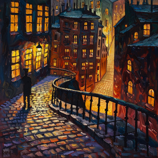 Urban Evening Scenes AI MidJourney Image Prompt, 8911 Landscapes & Paintings, midjourney, urban, city, evening, dusk, night, street, cobblestone, lighting, glow, silhouettes, cityscape, romantic, dreamy, magical, windows, buildings, lamp posts, sidewalk, solitude, quiet, tranquility, artistic, painting, Midjourney, Ai, Ai Image Prompt, Image Prompt, Prompt