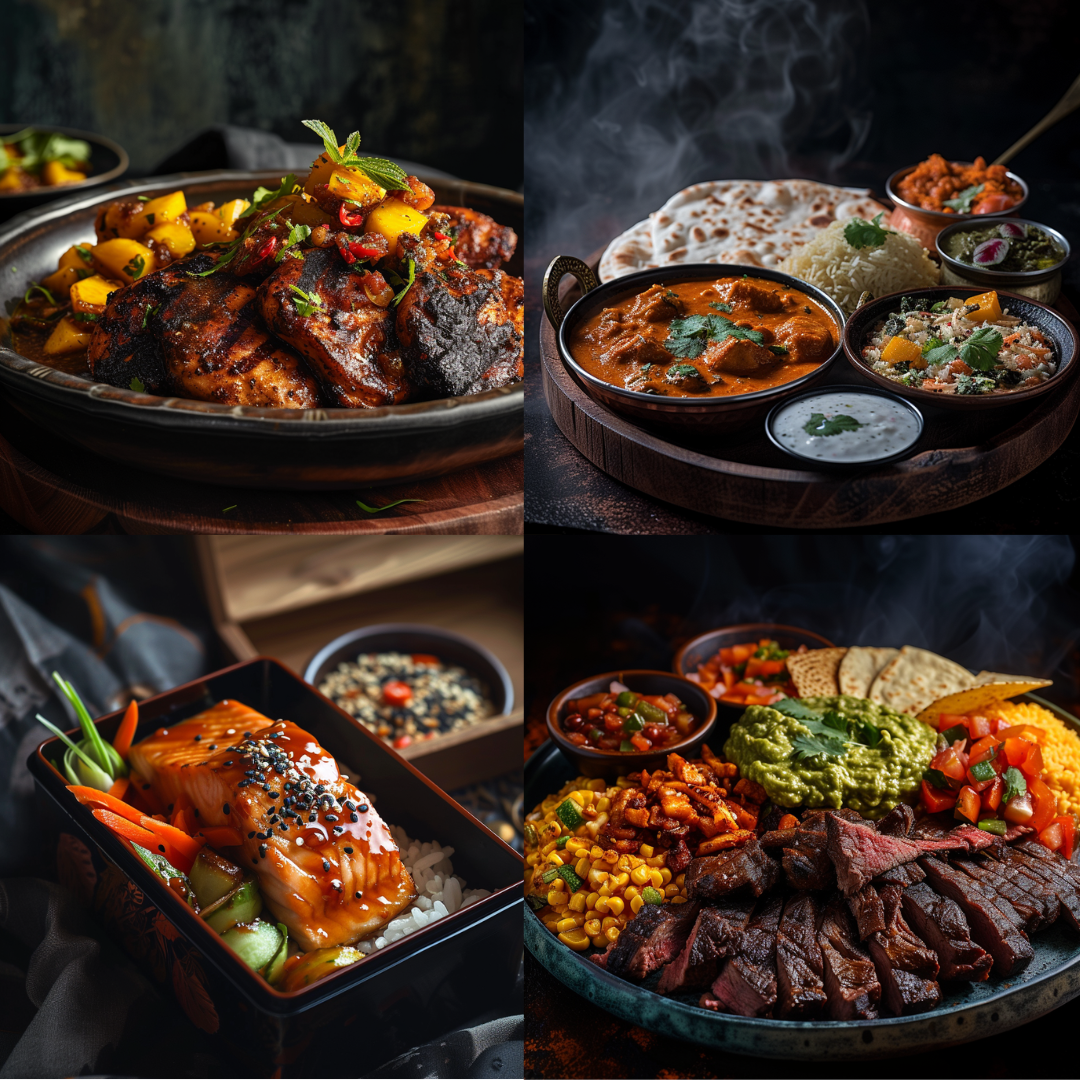 Global Feast AI MidJourney Image Prompt, Food, 4297Aromatic dishes, chat gpt, chat gpt prompts, chatgpt, chatgpt prompts, Cultural fusion, Exotic food styling, International gastronomy, midjourney, Rich textures, Sizzling platters, Spicy flavors, Steamy culinary scenes