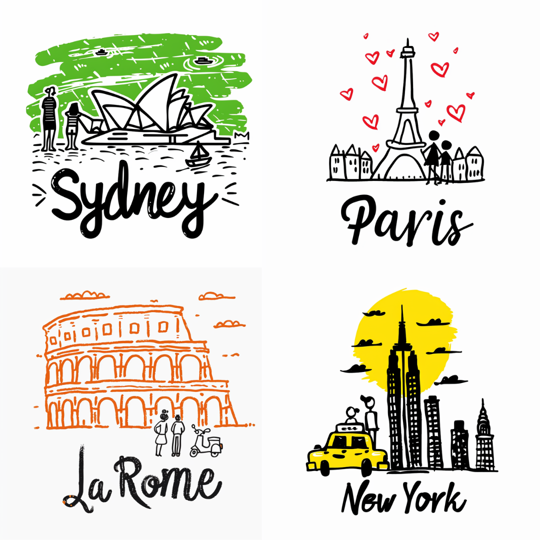 Iconic Cities Sketches AI MidJourney Image Prompt, 8047AI image prompts, artistic cityscapes, artistic exploration, city icons, city sketches, city-themed art, cityscape designs, creative inspiration, creative prompts, cultural art, famous cities, famous landmarks, hand-drawn illustrations, iconic cities, midjourney, New York art, Paris sketch, playful art, Rome illustration, Sydney landmarks, travel art, travel illustrations, travel inspiration, travel-themed, urban art, urban designs