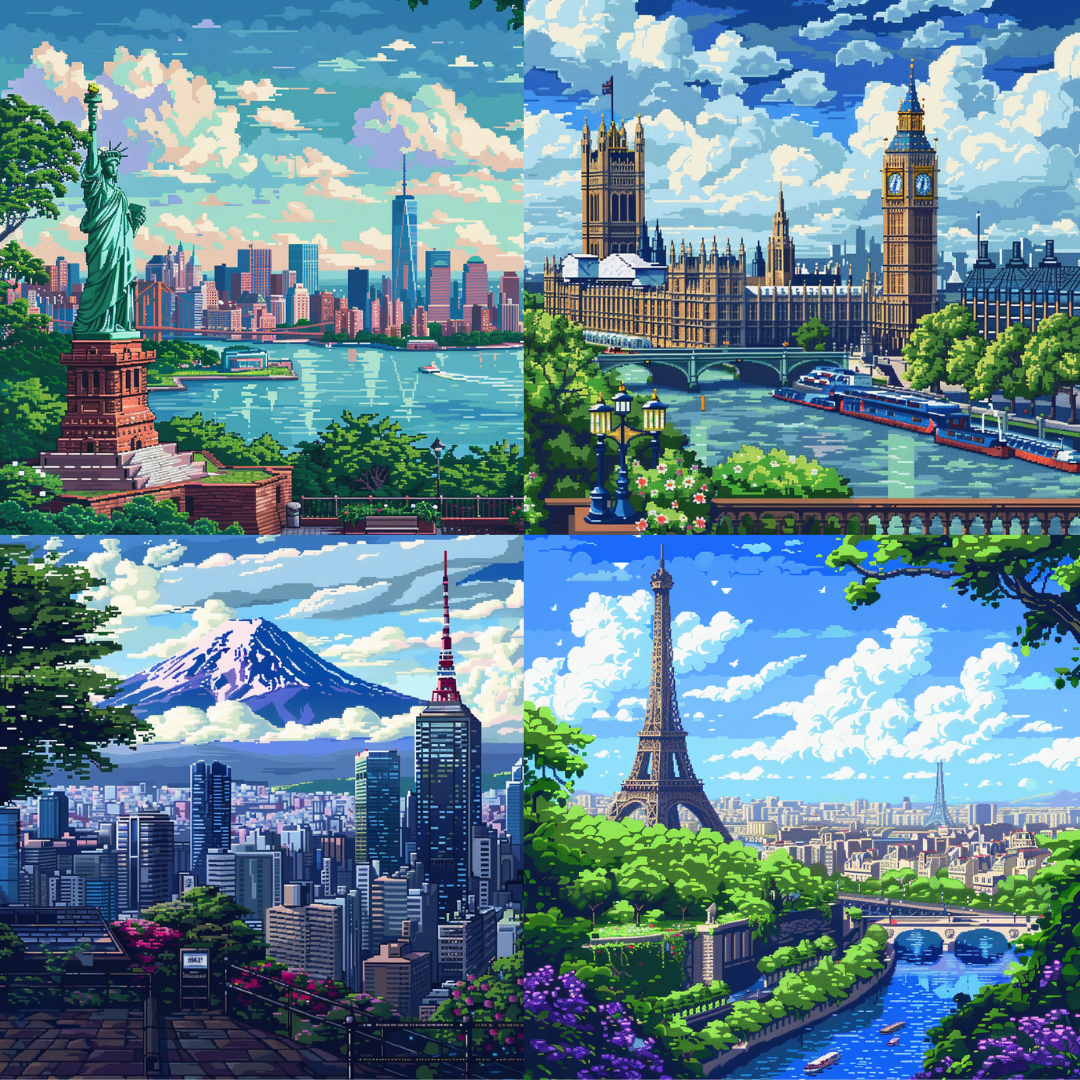 Pixel panorama tour illustration in a colorful style created from an AI image prompt.
