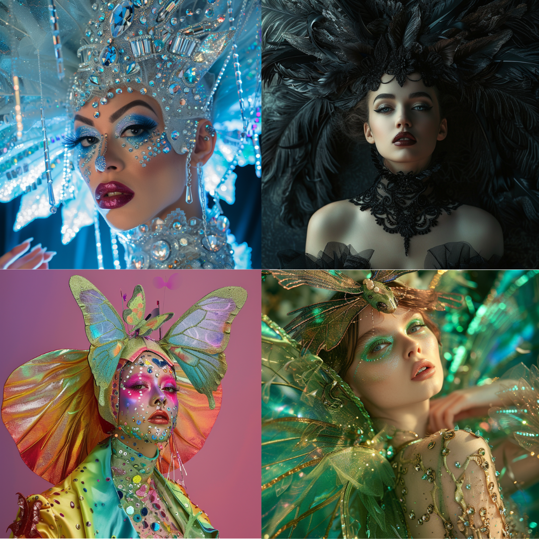 AI MidJourney Image Prompt, People, 4154Bejeweled, Burlesque, Cabaret, Carnival, Celebrity fashion, chat gpt, chat gpt prompts, chatgpt, chatgpt prompts, Couture, Crystal costume, Drag ensemble, Fantasy attire, Fashion costume, Glamour, Glitter attire, Iridescent outfit, midjourney, Pageant wear, Parade costume, people, Performance costume, Rhinestones, Showgirl, Silver headpiece, Stage makeup