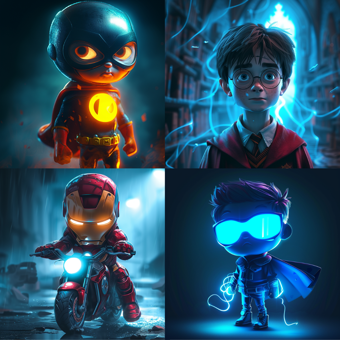 Neon Heroics Illustration AI MidJourney Image Prompt, Character Art, 4178Atmospheric lighting, Bold colors, Cartoonish charm, Character glow-up, chat gpt, chat gpt prompts, chatgpt, chatgpt prompts, Chibi characters, Digital art, Dramatic backlighting, Futuristic shine, Glossy finish, Luminous effects, midjourney, Neon glow, Sci-fi ambiance, Stylized renderings, Superhero caricatures, Vibrant contrasts