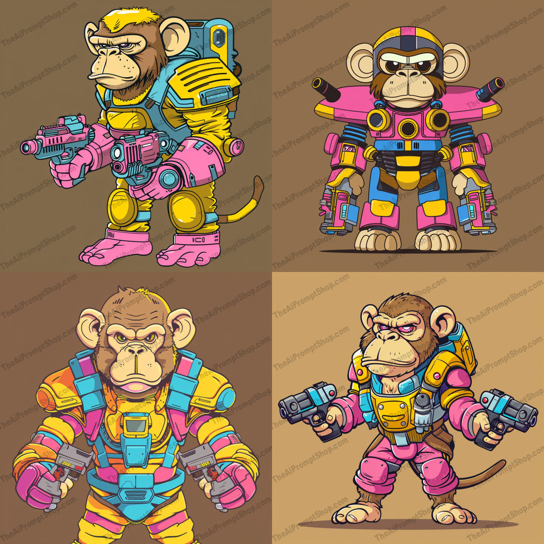 Cyborg Monkeys in Battle Suits AI MidJourney Image Prompt, 8707 Futuristic, midjourney, cyborg, monkey, battle suit, futuristic, robotic, animal, vibrant colors, intense design, creative, playful, fierce, curiosity, futuristic fashion, high-tech, cyberpunk, sci-fi, combat gear, mechanical, advanced technology, hybrid design, Midjourney, Ai, Ai Image Prompt, Image Prompt, Prompt