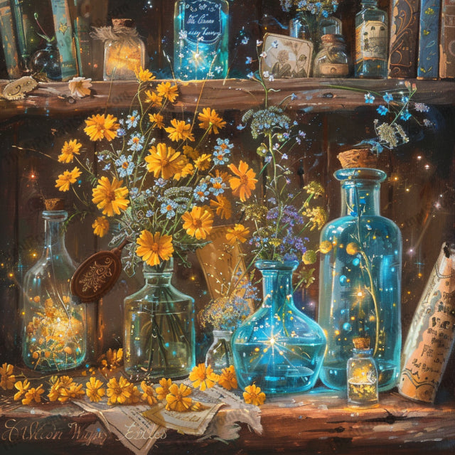Ethereal Floral Potion Lab AI MidJourney Image Prompt, 9657 Fantasy, midjourney, ethereal, floral, potion, lab, magic, whimsical, enchanting, flowers, daisies, roses, sunflowers, vintage, books, mystical, lights, glass, bottles, fantasy, botanical, charming, Midjourney, Ai, Ai Image Prompt, Image Prompt, Prompt