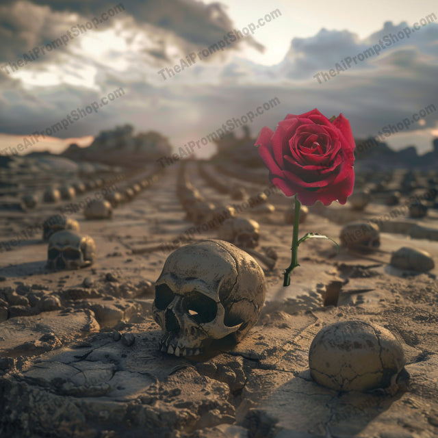 Skulls in Landscapes AI MidJourney Image Prompt, 9619 — A single image with an eerie post-apocalyptic landscape, featuring long lines of skulls mixed with… — product preview image 4