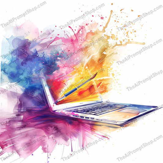 Abstract Learning and Growth AI MidJourney Image Prompt, 8164abstract watercolor, artistic, colorful art, creativity, dynamic, education, graduation cap, growth, ink, knowledge, laptop, learning books, midjourney, painting, plant, splashes, study, vibrant