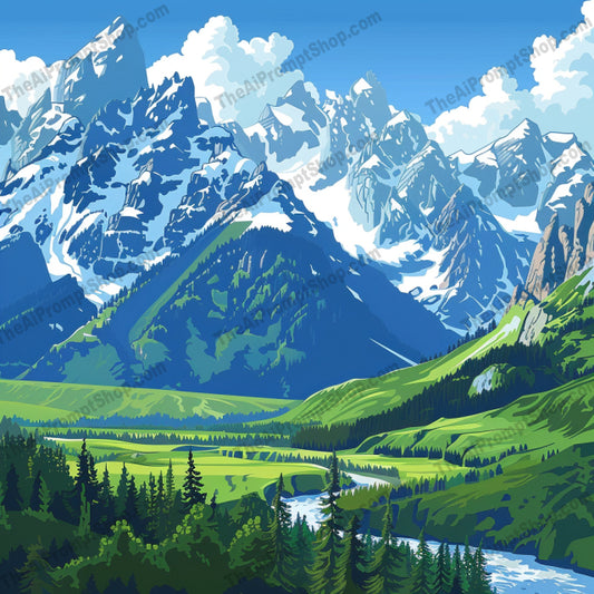 Scenic Mountain Views AI MidJourney Image Prompt, 8323adventure, Ai, Ai Image Prompt, art, colorful, day, forest, hiking, Image Prompt, landscape, Landscapes & Paintings, majestic, midjourney, morning, mountain, nature, outdoors, painting, peaks, Prompt, scenic, summit, sunset, valley, vibrant, wilderness