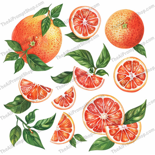 Watercolor Fruit Illustration AI MidJourney Image Prompt, 8176aesthetic, apple, artwork, botanical, citrus, colorful, detail, fresh, hand-painted, juicy, lifelike, lush leaves, natural, realisticmidjourney, texture, vibrant, watercolor fruit illustration
