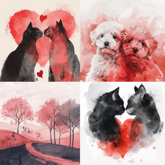 AI MidJourney Image Prompt, Romantic Furry Tales, 4943Animal bonds, Canine companionship, chat gpt, chat gpt prompts, chatgpt, chatgpt prompts, Crimson romance, Emotive pet portraits, Feline affection, Heartfelt encounters, Lovers' lane, midjourney, Puppy love, Storybook Illustrations, Watercolor warmth, Whimsical affection