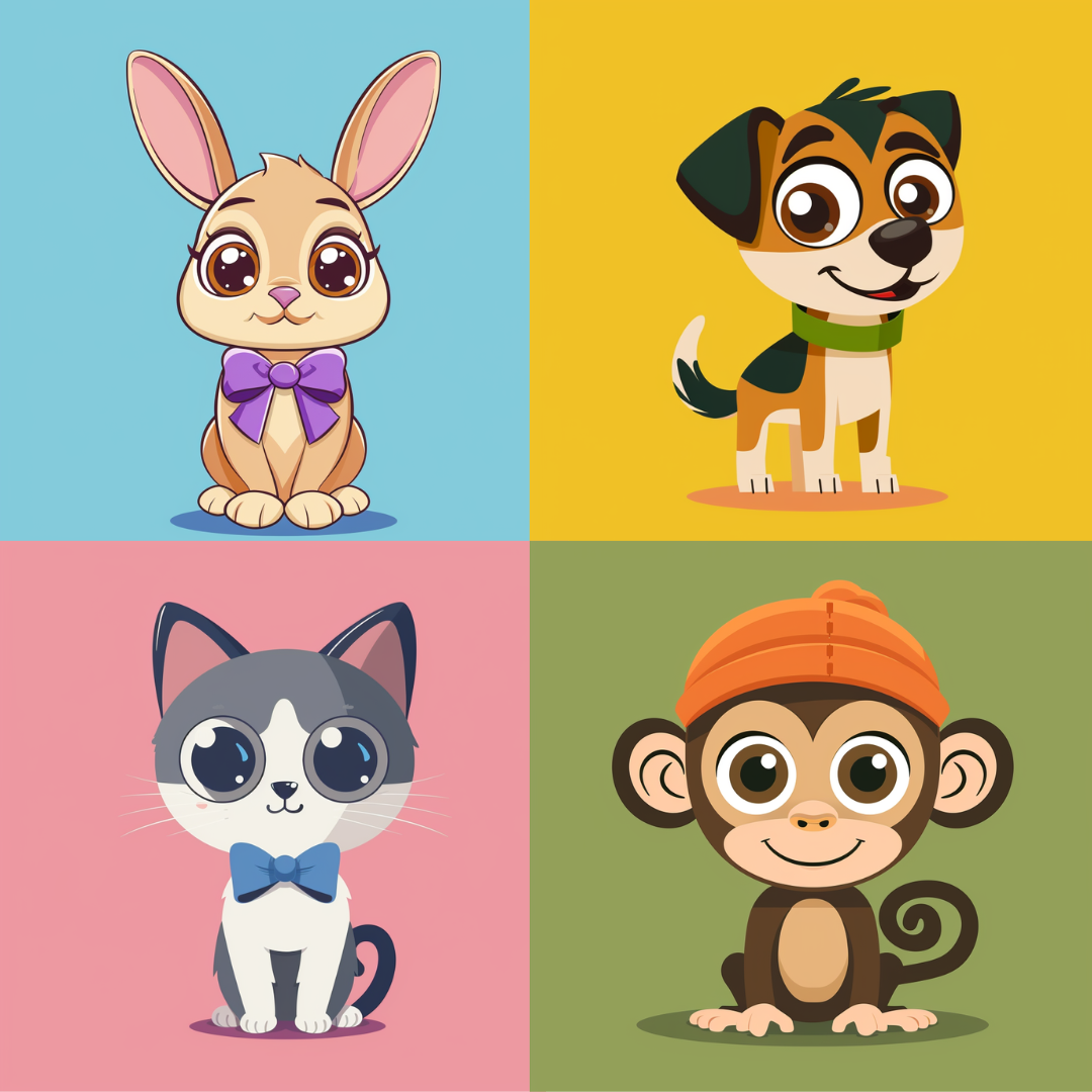 Adorable Cartoon Animal Characters AI MidJourney Image Prompt, 8074adorable animals, AI image prompts, animal cartoons, animal lovers, cartoon animal art, cartoon design, charming designs, children's art, children's book art, colorful animals, creative AI tools, creative prompts, cute and fun, cute characters, delightful characters, fun and friendly, fun visuals, heartwarming art, joyful illustrations, midjourney, playful branding, playful illustrations, vibrant animal art