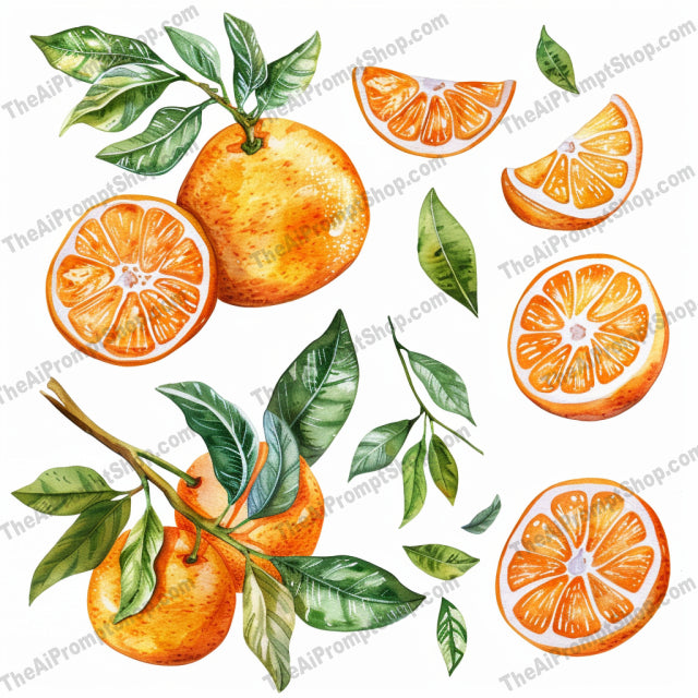 Watercolor Fruit Illustration AI MidJourney Image Prompt, 8176aesthetic, apple, artwork, botanical, citrus, colorful, detail, fresh, hand-painted, juicy, lifelike, lush leaves, natural, realisticmidjourney, texture, vibrant, watercolor fruit illustration