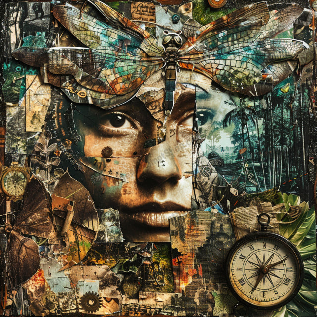 Mixed Media Collage Art AI MidJourney Image Prompt, 9352 Fantasy, midjourney, mixed media, collage, nature, wildlife, urban, art, textures, colors, visual composition, peacock, butterfly, mountains, cityscape, artistic, creative, vibrant, eye-catching, harmonious, unique, engaging, visual art, Midjourney, Ai, Ai Image Prompt, Image Prompt, Prompt