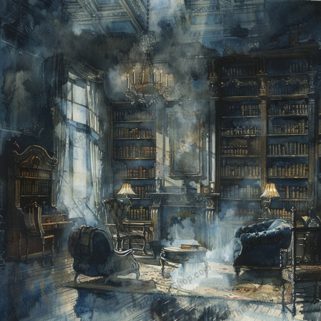 Atmospheric Vintage Library AI MidJourney Image Prompt, 9662 Storybook Illustrations, midjourney, vintage, library, atmospheric, books, chandeliers, wooden furniture, timeless, mystery, elegant, classic, ethereal, old books, antique, historic, study, interior design, warm lighting, reading room, sophisticated, book lover, Midjourney, Ai, Ai Image Prompt, Image Prompt, Prompt